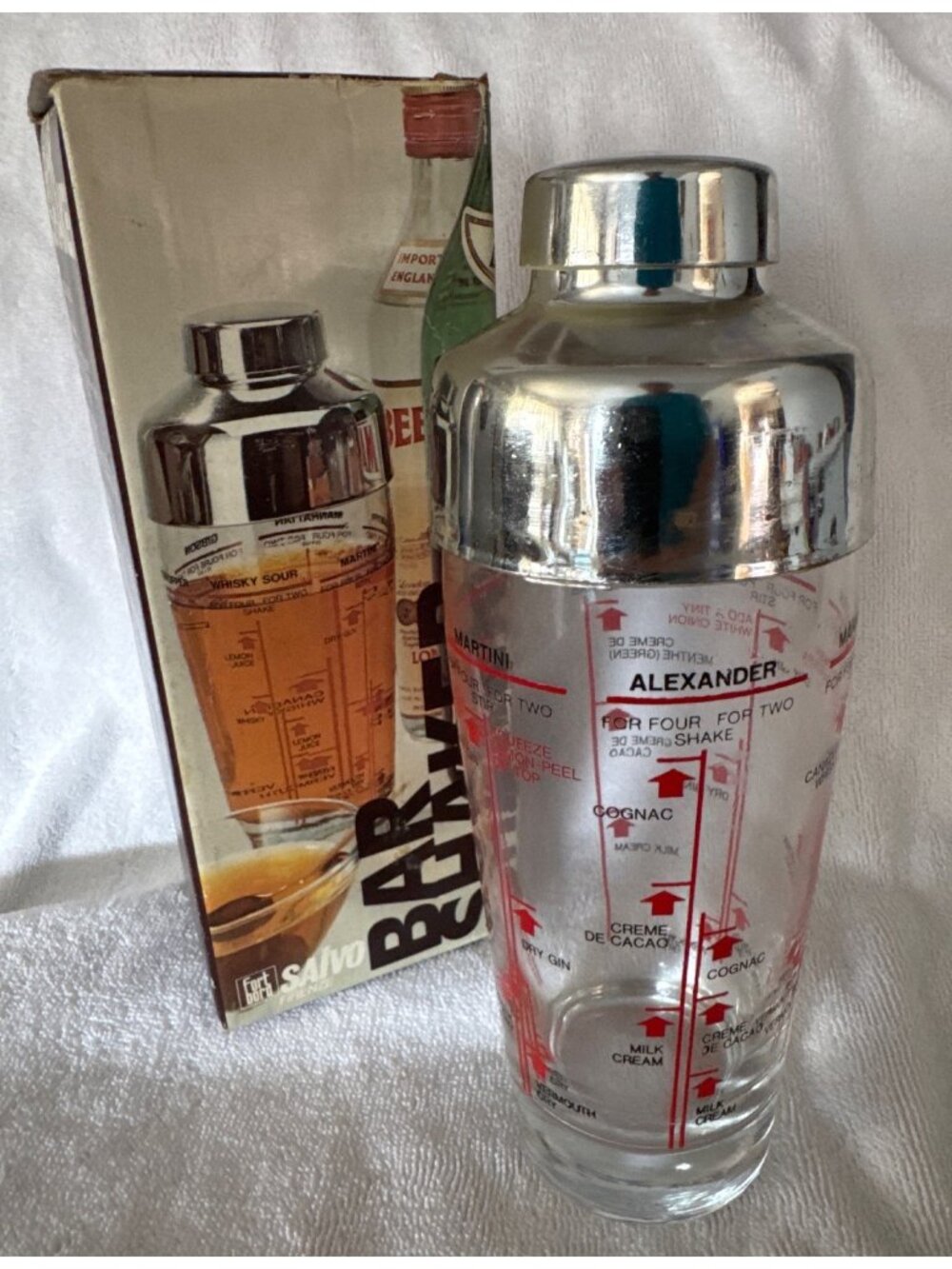 Vintage Bar Cocktail Shaker Recipes Printed Glass & Chrome Lid Made Italy 8.5" T